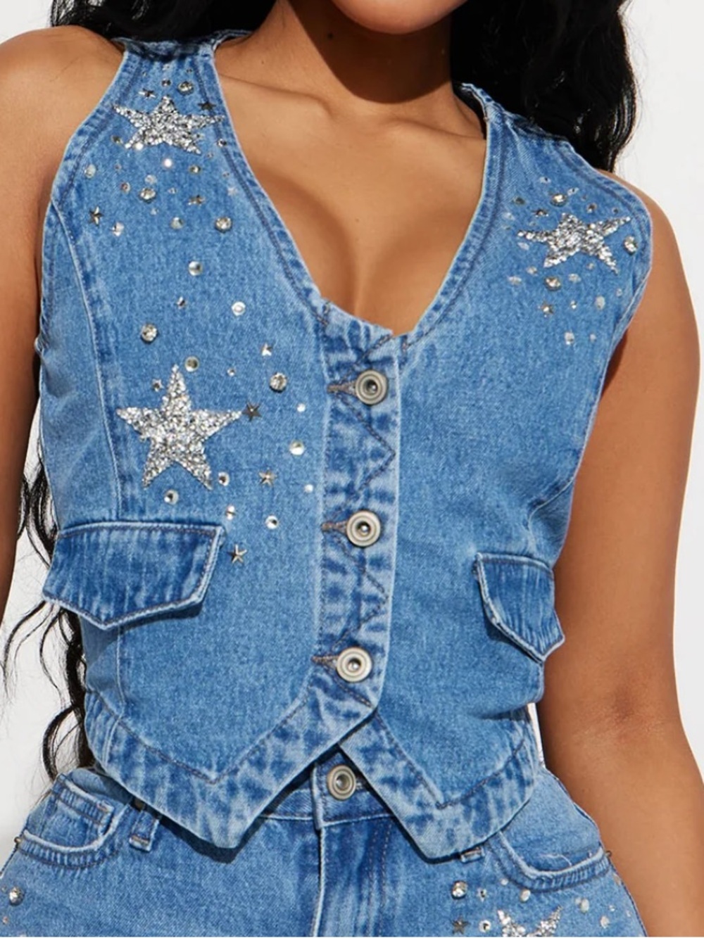 Fashion Nova Embellished Denim Vest - Blue